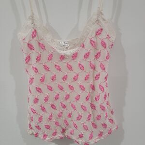 Vintage Y2K Womens Tank Top Size XL Coquette Pink White Kissy Lips Lace Dainty